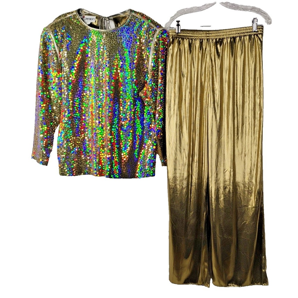 Vintage Caron Components Womens MEDIUM Sparkly‎ 2pc Outfit Metallic Gold Disco